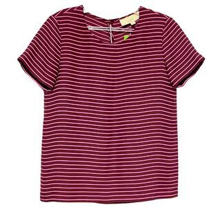 Ann Taylor Loft Club Stripe Crew Neck Burgundy Short Sleeve Blouse XS Petite